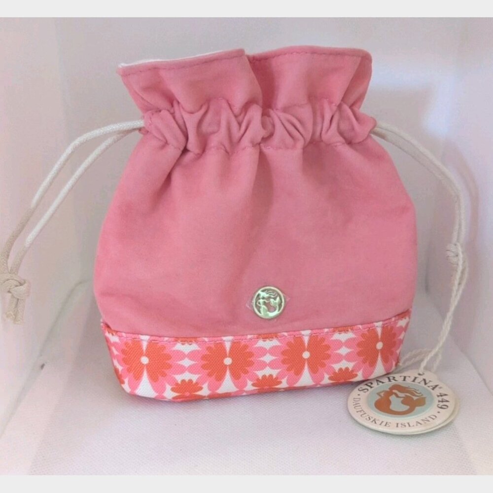 Spartina 449 Keepsake Drawstring Makeup Jewelry Bag Pouch Velvet NEW Pink Floral